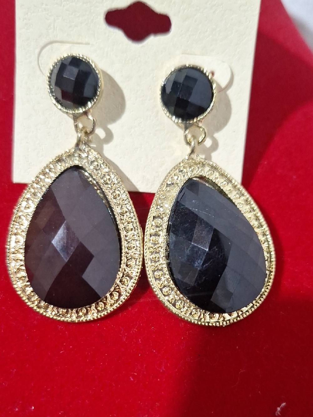 Gold-Trim Black Teardrop Dangle Earrings - Women Jewelry